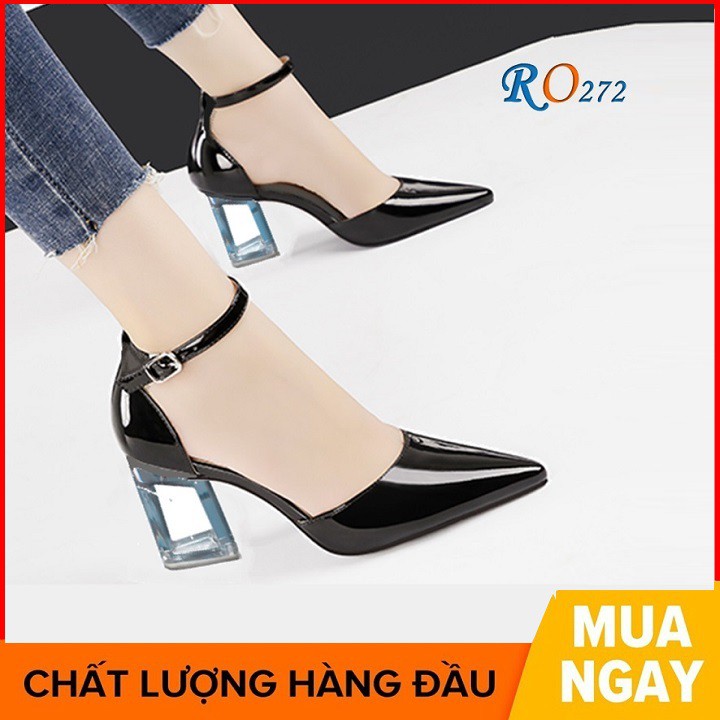 Giày cao gót nữ đẹp đế vuông 7 phân màu đen vàng hàng hiệu rosata ro272