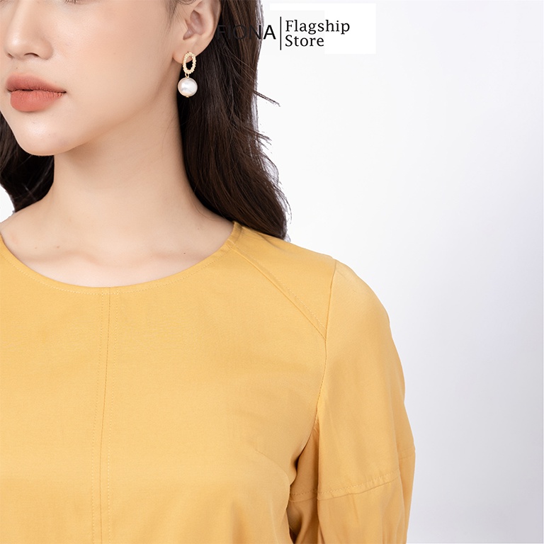 Áo sơ mi nữ Fiona dáng suông croptop cổ tròn diễu chỉ thân trước F552146