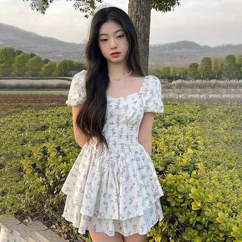 Đầm Tay Phồng Ngắn Cổ Vuông Ôm Eo In Họa Tiết Kiểu Retro Hàn Quốc Xinh Xắn Cho Nữ