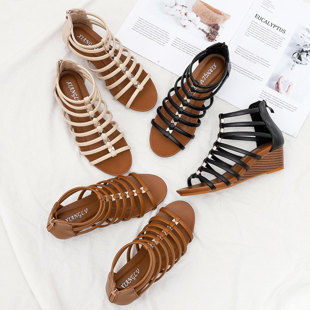 Xăng đan Cao Gót Hở Ngón Dây Da Size 36-42 Phong Cách Bohemia Có Khóa Kéo Cho Nữ Khi Dự Tiệc Tối