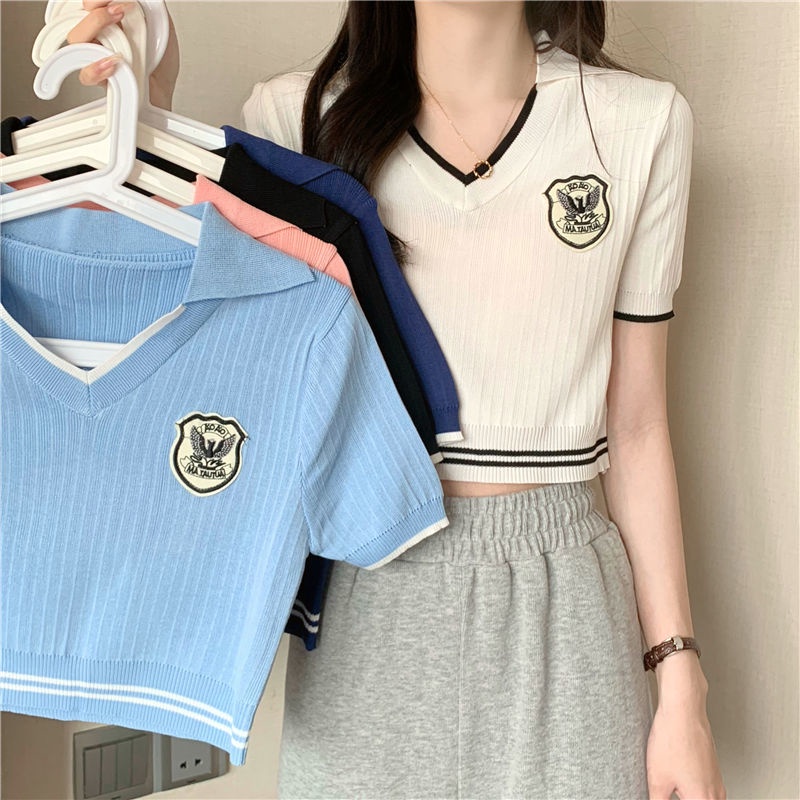 Áo Thun Dệt Kim Ngắn Tay Cổ Chữ V Thời Trang Mùa Hè Cho Học Sinh