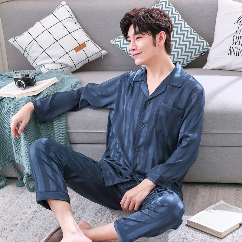 Bộ pyjama nam dài tay vải lụa satin mềm mại, thoáng mát N9371 - Thời Trang Dương