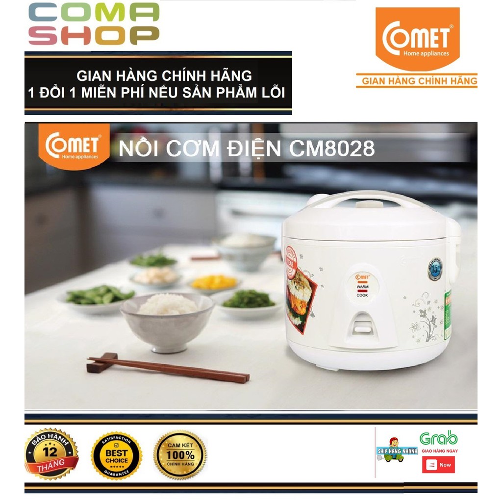 CM8028 - NỒI CƠM ĐIỆN NẮP GÀI CHỐNG DÍNH COMET 1.2L (3-4 NGƯỜI ĂN) BẢO HÀNH CHÍNH HÃNG 12 THÁNG