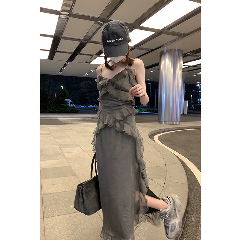 Jiashucheng Đầm Hai Dây Dáng Dài Tới Mắt Cá Chân Mỏng Ôm Eo Phong Cách Retro Màu Trơn Phong Cách Desire Cho Nữ