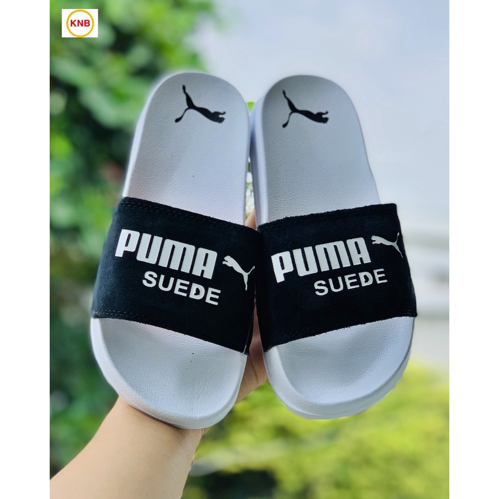 Dép 𝐏𝐔𝐌𝐀 ❤️FREESHIP + Hộp❤️ dép unisex 𝐌𝐋𝐁 quai ngang bóng chày thể thao nam nữ in PUMA da lộn, đế IP bền trắng đen