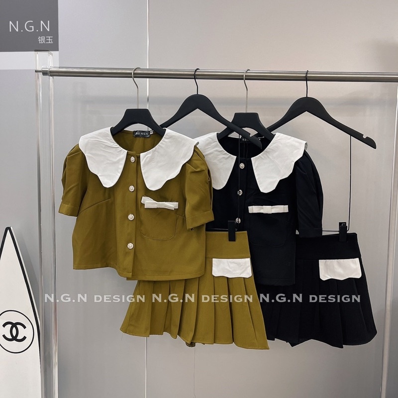 Sét áo cổ sen+ chân váy xếp li