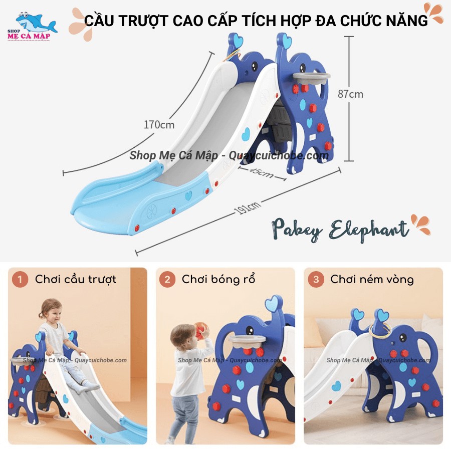 Cầu trượt Pakey Elephant bản đúp dày dài, Cầu trượt cho bé đủ 3 màu đáng yêu