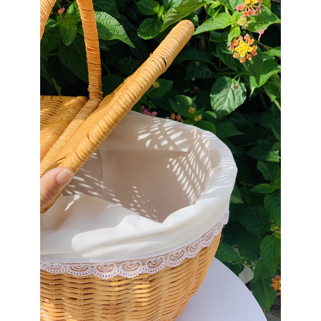 Giỏ Mây Picnic Có Lót Vải, Có Nắp Đậy/ Giỏ Mây Đi Du Lịch Dã Ngoại Tiện Nghi/ Đồ Dùng Nhà Bếp Decor Chụp Ảnh Studio