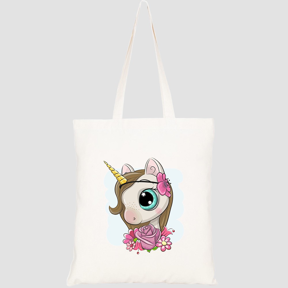 Túi vải tote canvas HTFashion in hình cute cartoon unicorn flowerson blue HT339