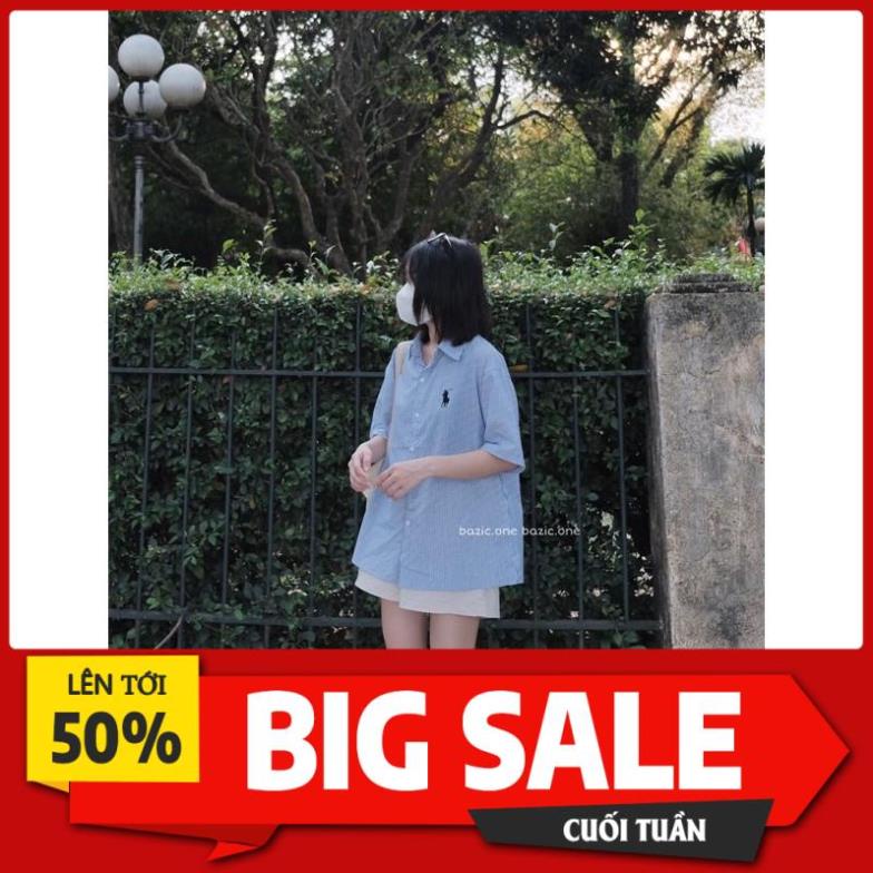 Áo sơ mi cộc tay kẻ sọc thêu hình Bazic one *