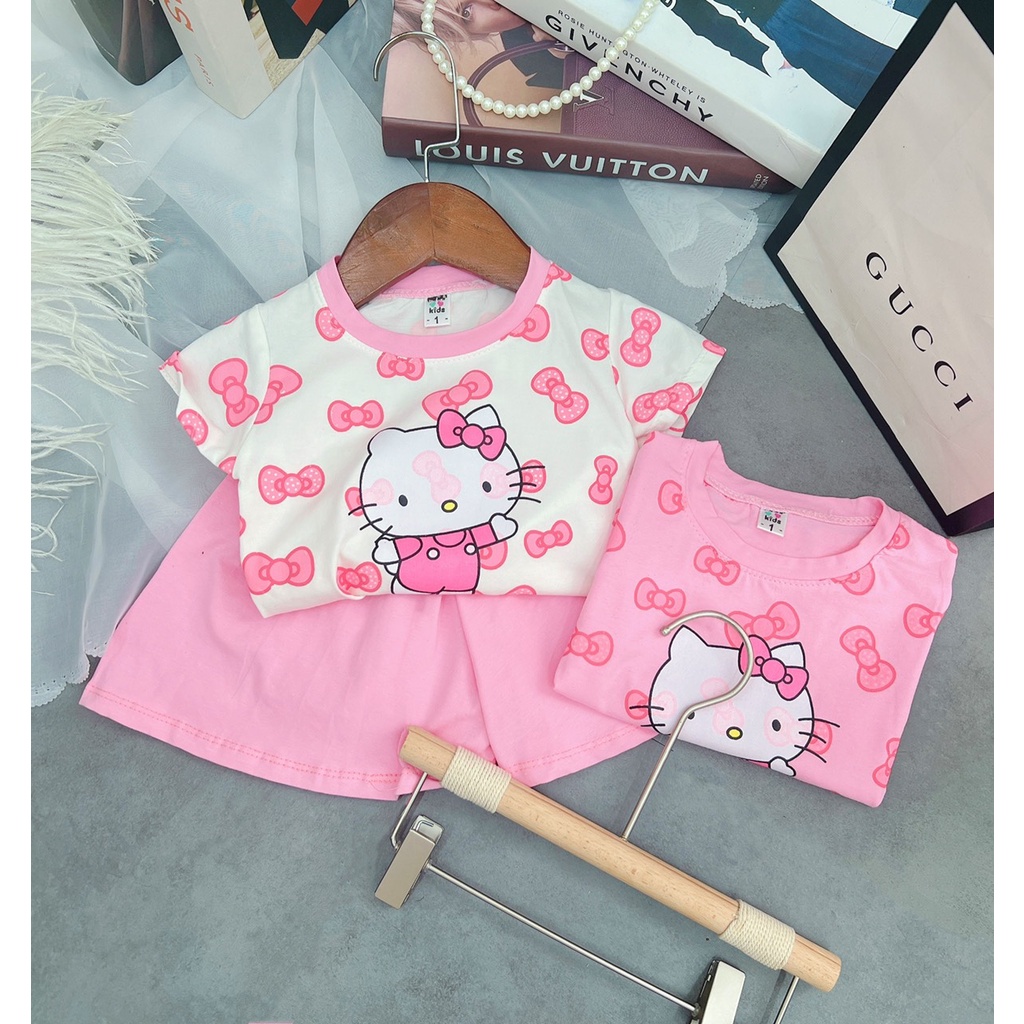 Bộ cộc tay bé gái, bộ Hello kitty in tràn quần giả váy xinh xuất sắc cho bé