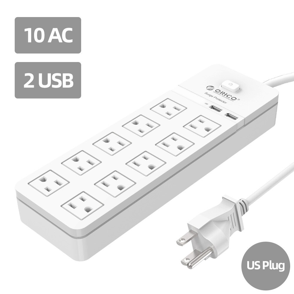 Ổ cắm điện ORICO SPT-S10U2-WH với 10 cổng cắm AC và 2 cổng USB (tùy chọn)