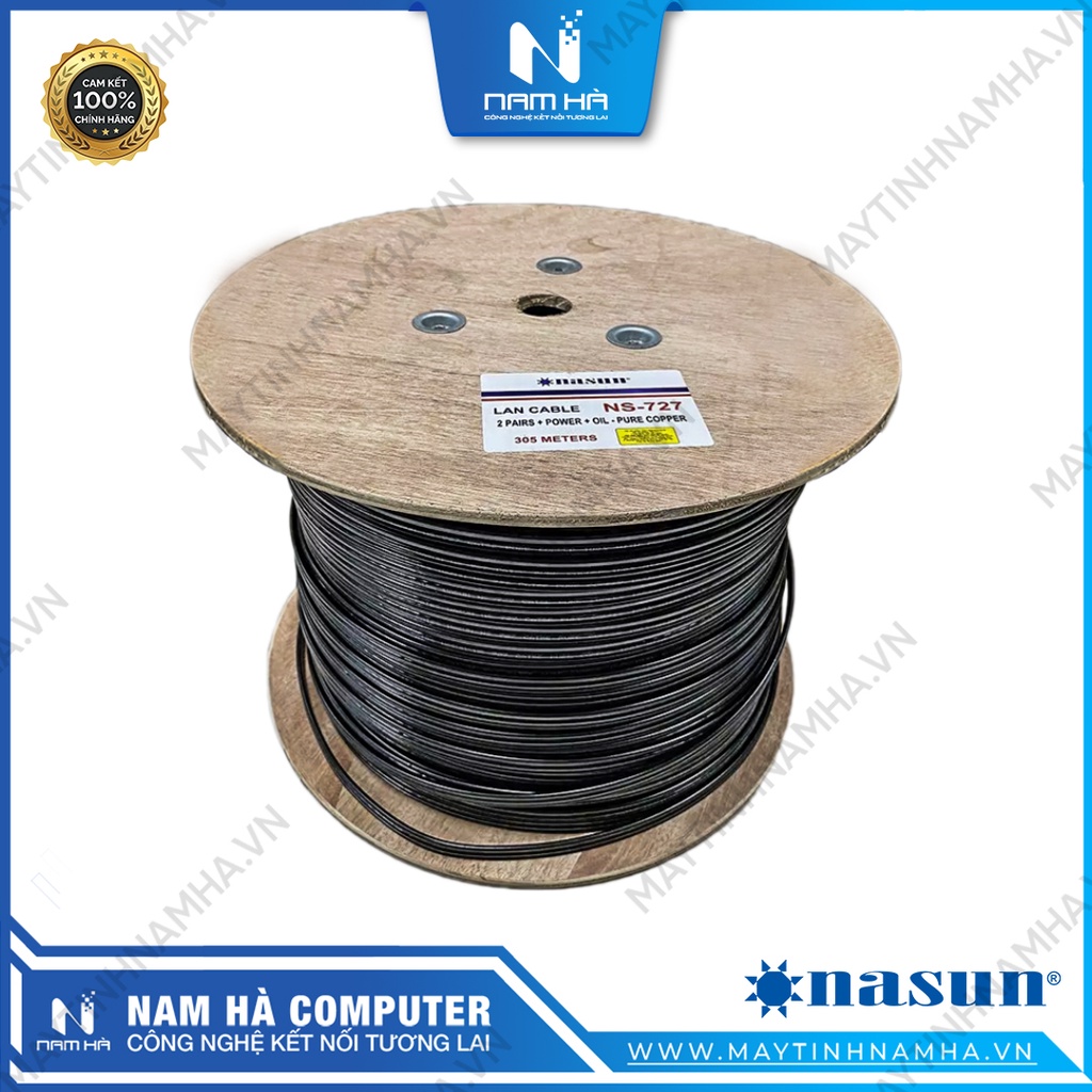 Dây Mạng 4 Lõi Liền Nguồn NASUN NS-727 Lõi Đồng Có Dầu Chống Ẩm, Băng Nhôm Chống Nhiễu Dùng Cho Camera IP cuộn 305M