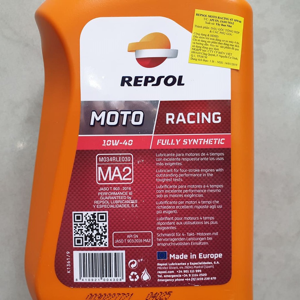 Dầu Nhớt Repsol Racing 10W40 4T Fully Synthetic 1 Lít cao cấp cho mọi loại xe máy. DoChoiXeMay