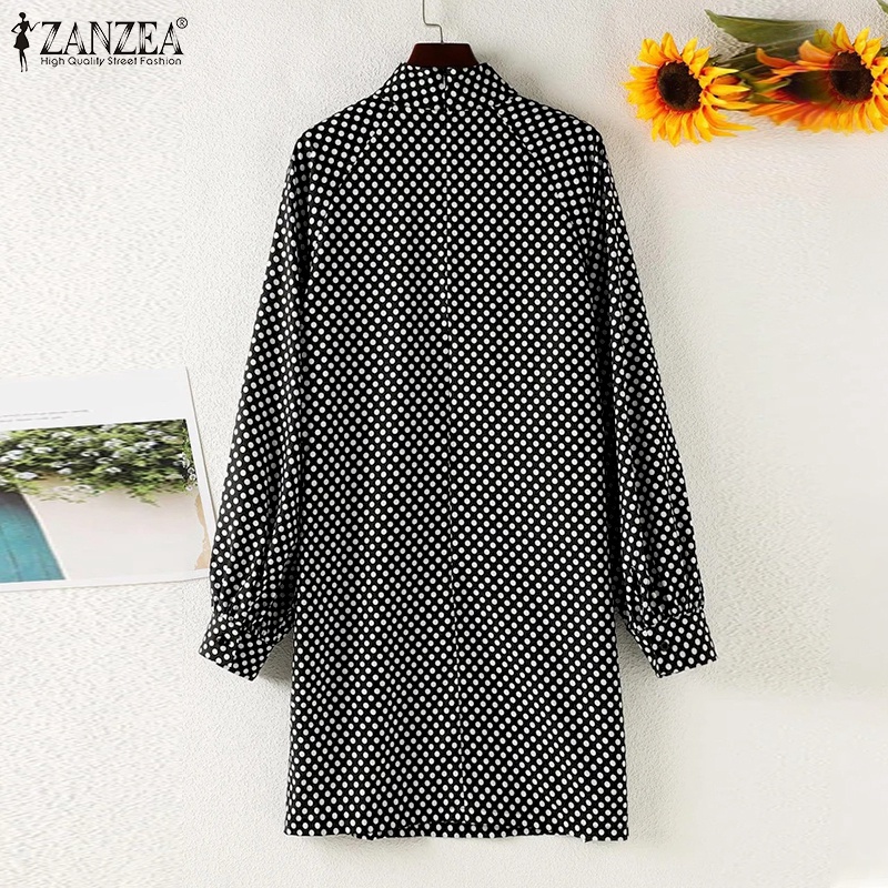 Đầm Zanzea tay phồng cổ lọ họa tiết chấm bi phong cách Châu Âu thời trang dành cho nữ