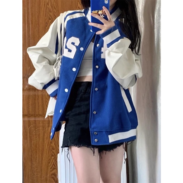 Áo Khoác Bomber Jacket Tay Da Varsity F426 Màu Xanh Hồng Đen Oversize