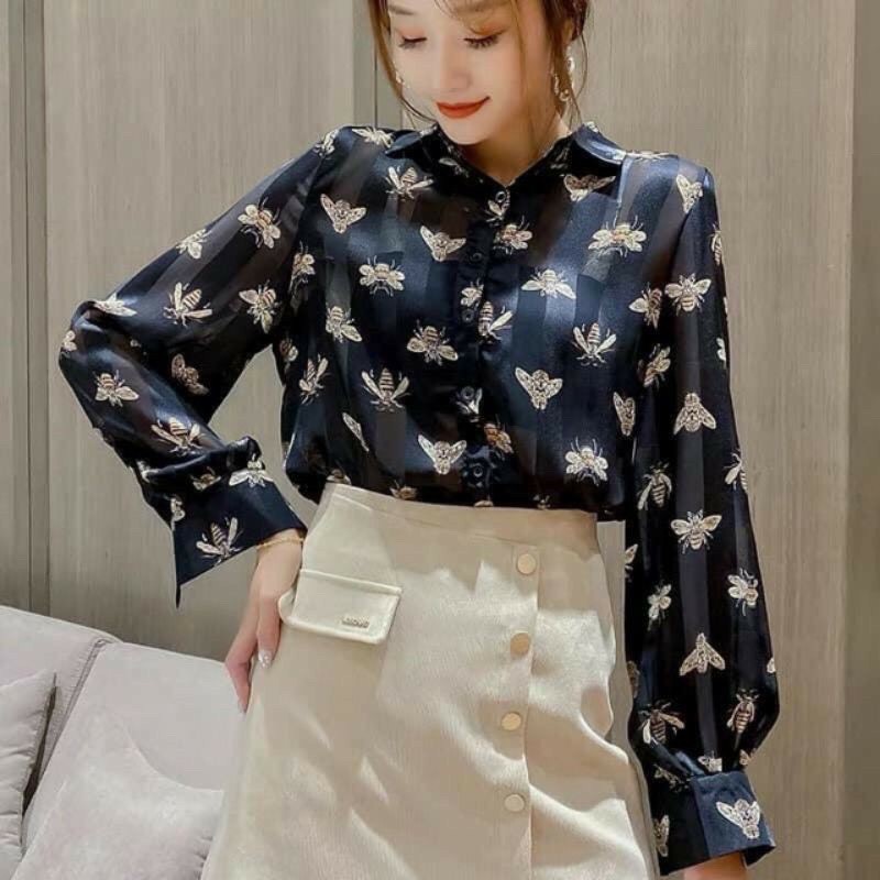 Áo sơ mi lụa |HANG MỚI VE| áo sơ mi hoạ tiết in hình ong xinh xắn, chất lụa mềm mại