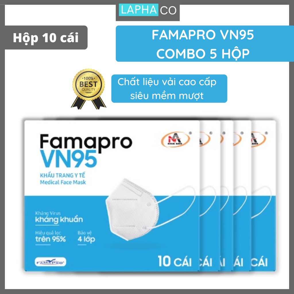 [HỘP-10 CÁI-MÀU TRẮNG] COMBO 5 HỘP Khẩu trang y tế kháng khuẩn 4 lớp Famapro VN95