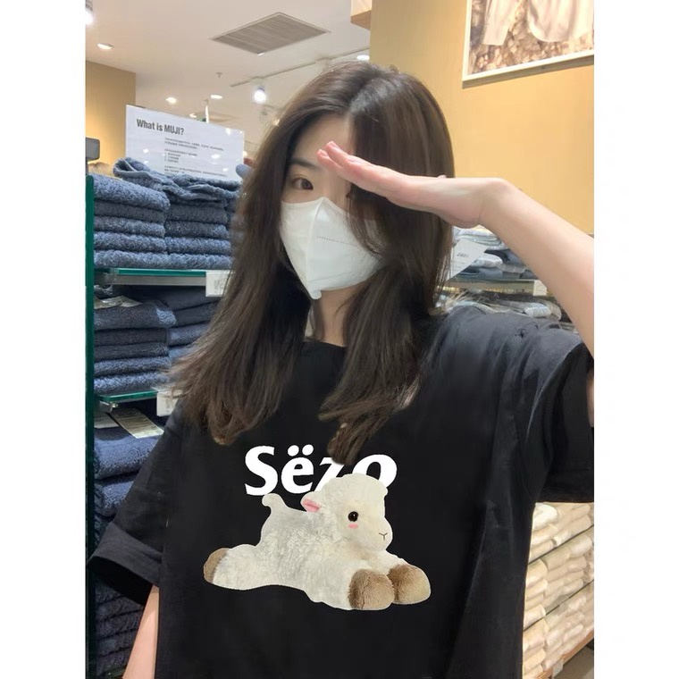 Áo thun SELVZE vải cotton tay ngắn dáng rộng in hình thời trang Âu Mỹ cho nữ