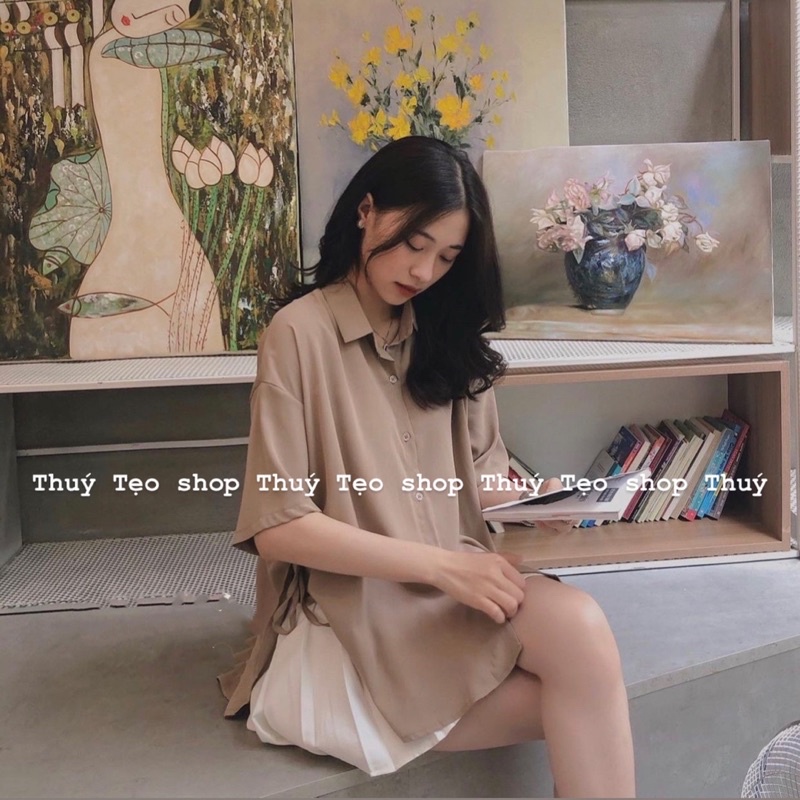 Áo sơ mi nữ cộc tay buộc dây eo - Áo sơ mi lụa hàn nữ chất mịn mát