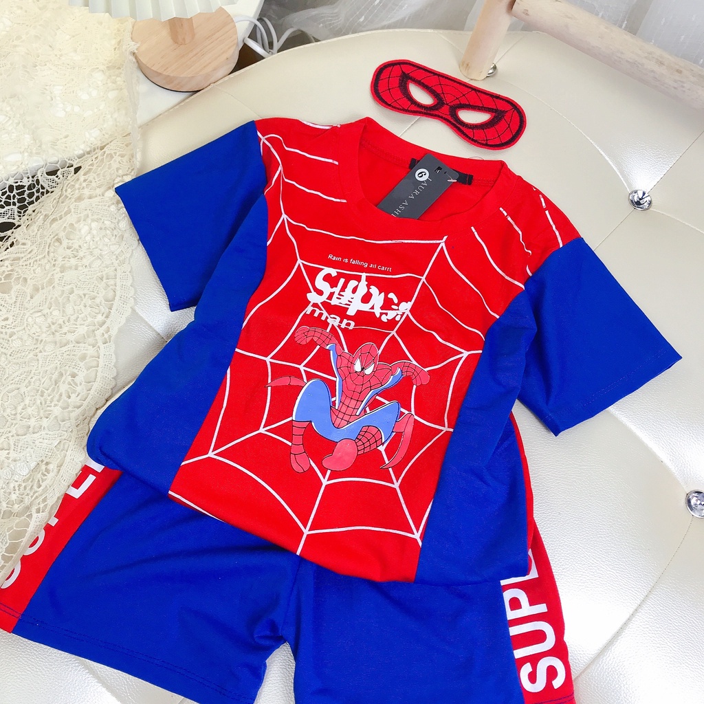 Bộ siêu nhân cộc tay mùa hè cho bé trai 20-36kg, chất cotton mềm mịn, thoáng mát, đẹp giá rẻ