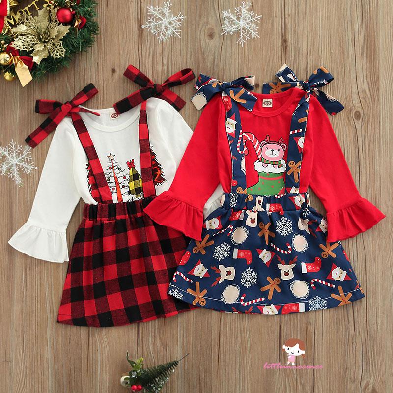 Bộ áo thun tay loe cổ tròn + chân váy yếm họa tiết giáng sinh cho bé gái