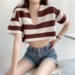 Áo Croptop Ngắn Tay Cổ Chữ V Họa Tiết Sọc Ngang Đáng Yêu Dành Cho Nữ