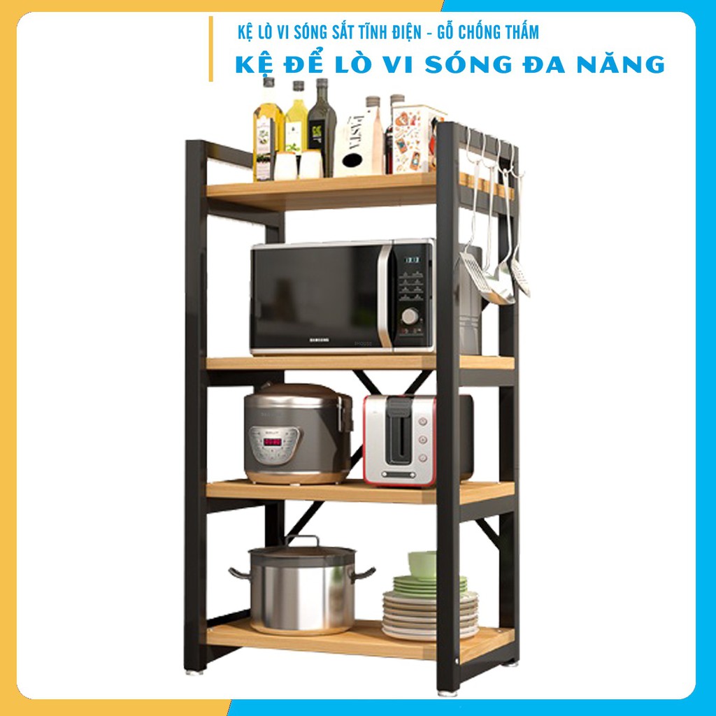 KỆ GỖ 4 TẦNG ĐỂ LÒ VI SÓNG VÀ LÒ NƯỚNG KỆ KHUNG SẮT PHỦ SƠN GIÁ GỖ ÉP