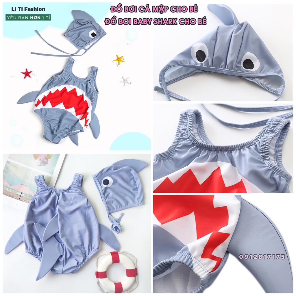 Set đồ bơi hình cá mập / baby shark có kèm mũ cho bé từ 7-15kg - Đồ bơi hình cá mập dễ thương