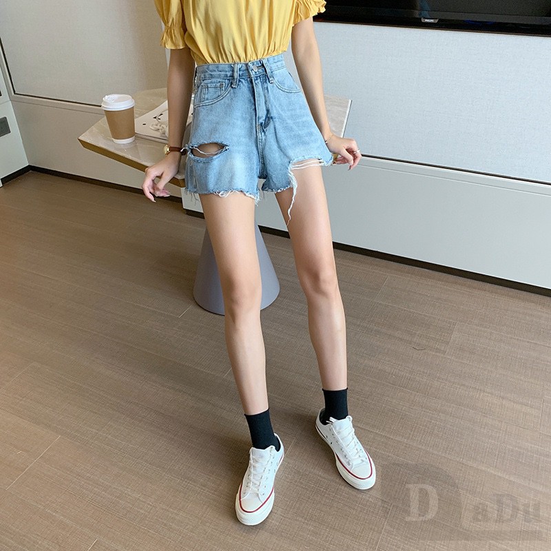 Quần Short Jeans Denim Lưng Cao Phối Rách Cá Tính