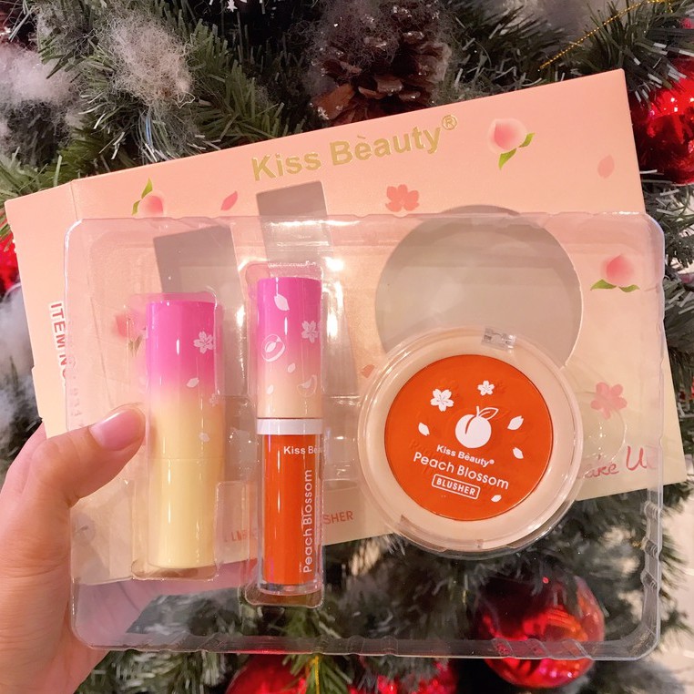 Set Trang Điểm 2 Son 1 Má Hồng Peach Blossom Make Up Kiss Beauty