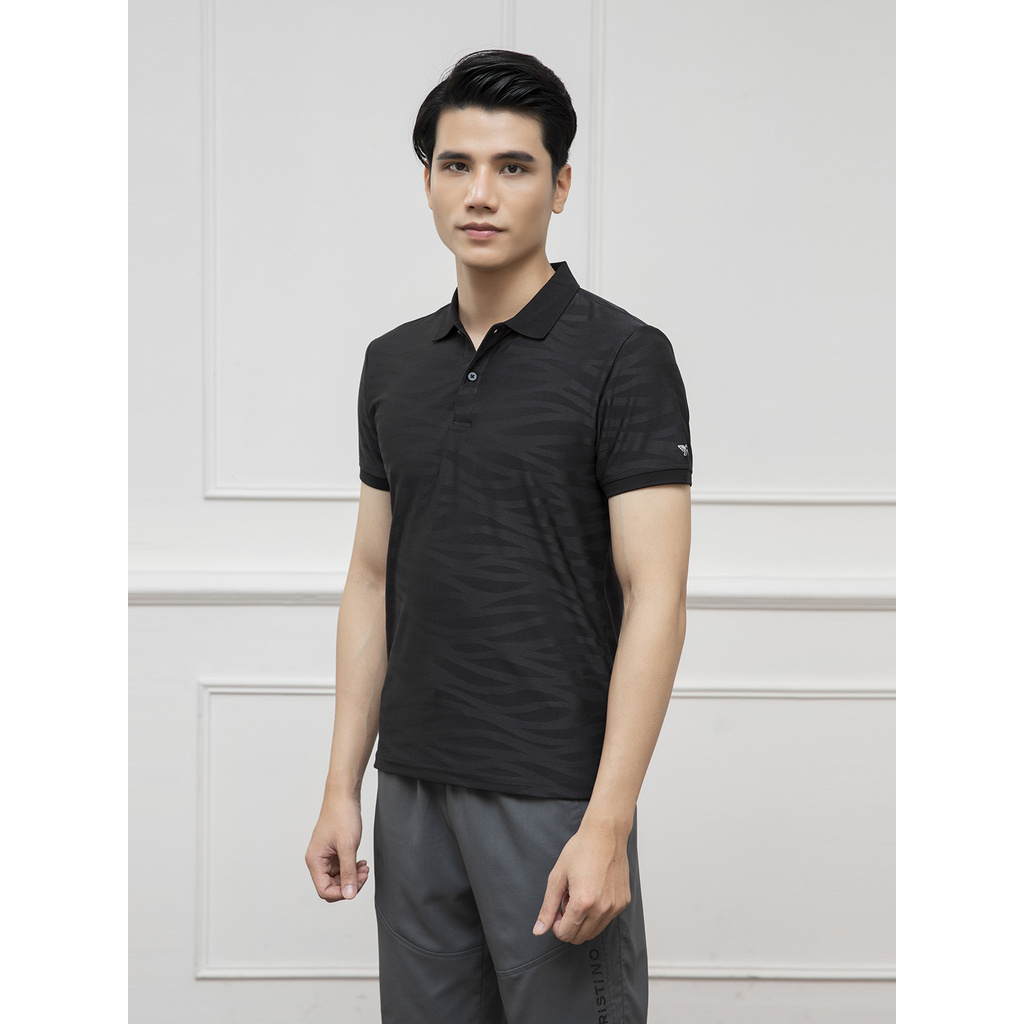 Áo Thun Nam Tay Ngắn Có Cổ Aristino APS020S1 Màu Đen 9 Jacquard Họa Tiết Dáng Slim Vải Polyester