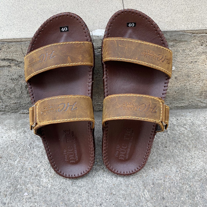 Dép Nam Da Bò Quai Ngang May Viền Cao Cấp V21