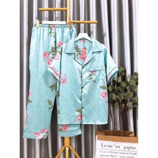 Bộ mặc nhà Lụa satin hoạ tiết cành hoa hồng