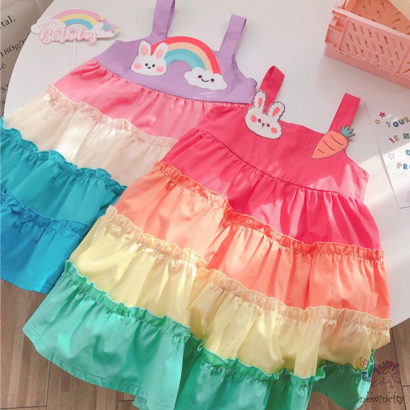 Đầm không tay thiết kế phối màu cầu vồng hoạt hình thời trang Hàn Quốc cho bé gái