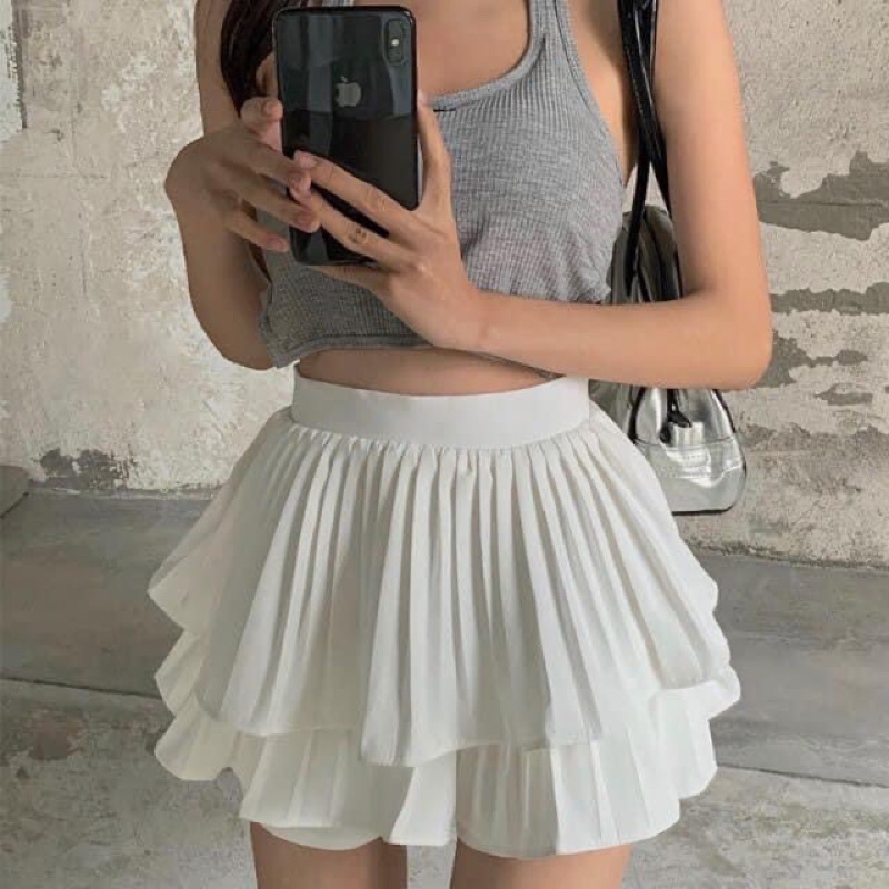 Chân Váy Xếp Ly 2 Tâng Dáng Ngắn 🦋 Váy Cạp Cao Dáng Xòe 2 Màu 🦋