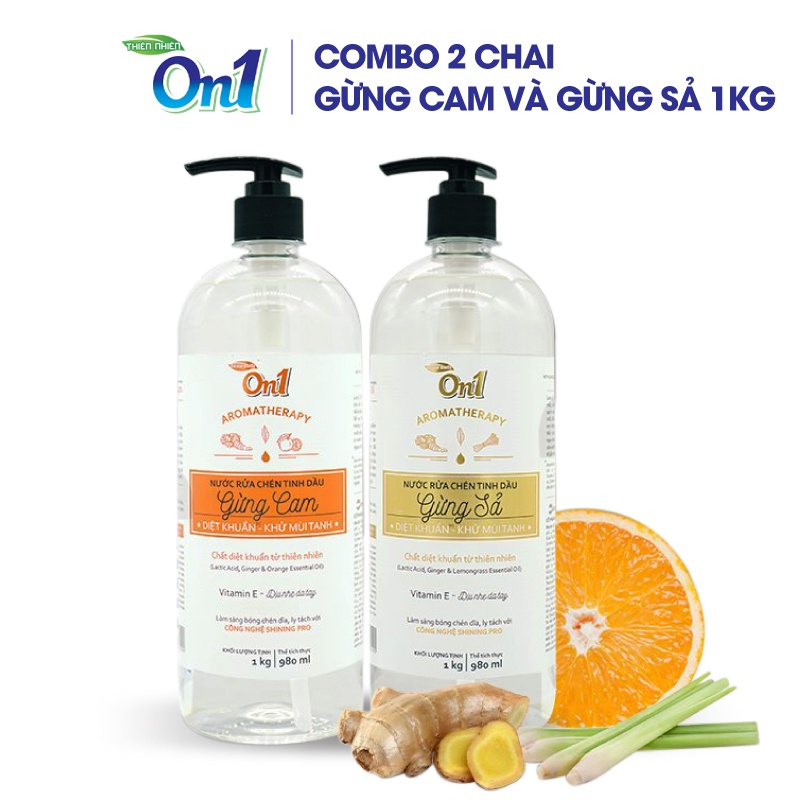 COMBO 2 chai nước rửa chén ON1 tinh dầu gừng cam và gừng sả (2 chai x 1kg) N5503 + N5603