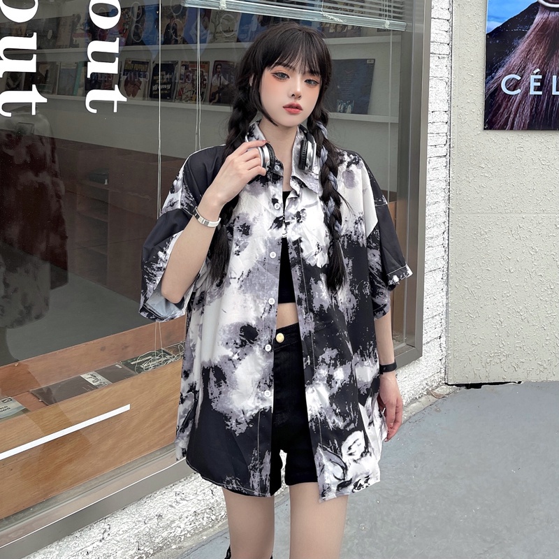 Áo sơ mi tay ngắn dáng rộng màu nhuộm thời trang hàn quốc cổ điển cho nữ