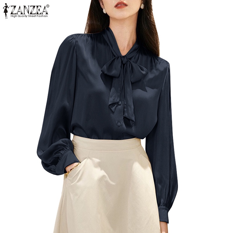 Áo sơ mi satin ZANZEA dáng rộng màu trơn phối dây buộc nơ thời trang cho nữ