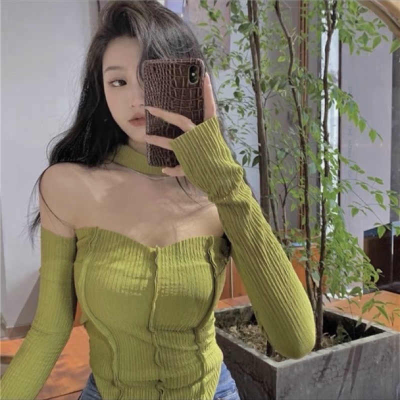 ÁO  CROPTOP TAY DÀI TRỄ VAI NHỌN DÁNG ÔM //Thiên YếtTC