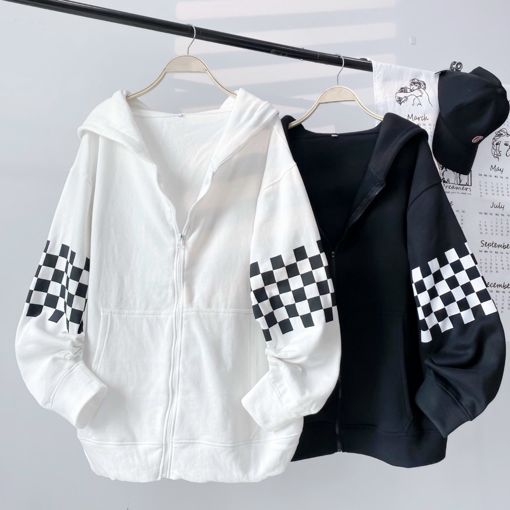 Áo Khoác Hoodie Dây Kéo TITI Phối Caro Form Rộng Vải Nỉ Lót Bông Ulzzang Unisex