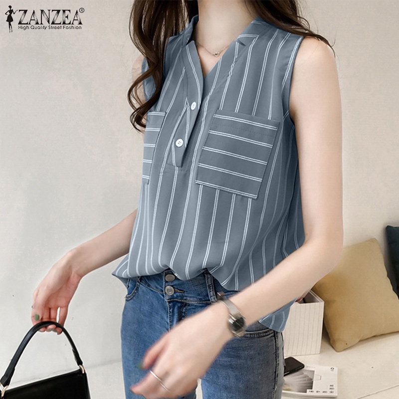 Áo nữ ZANZEA không tay cổ chữ V họa tiết sọc thời trang cá tính