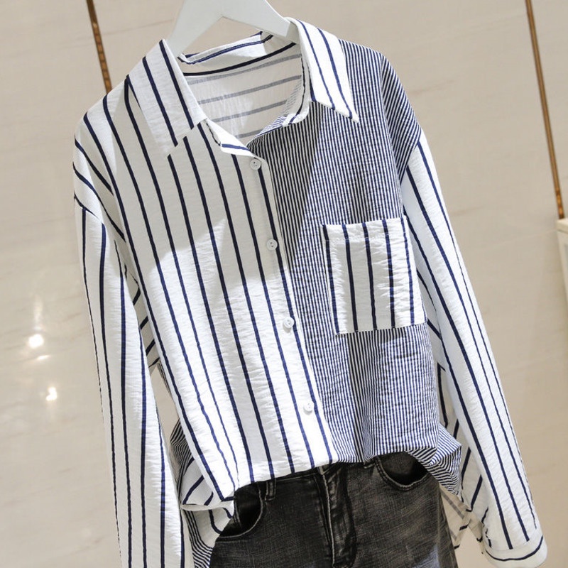Áo sơ mi RENJIANVSHENG 164715 tay dài dáng rộng họa tiết kẻ sọc dễ phối đồ size M-4XL thời trang cho nữ