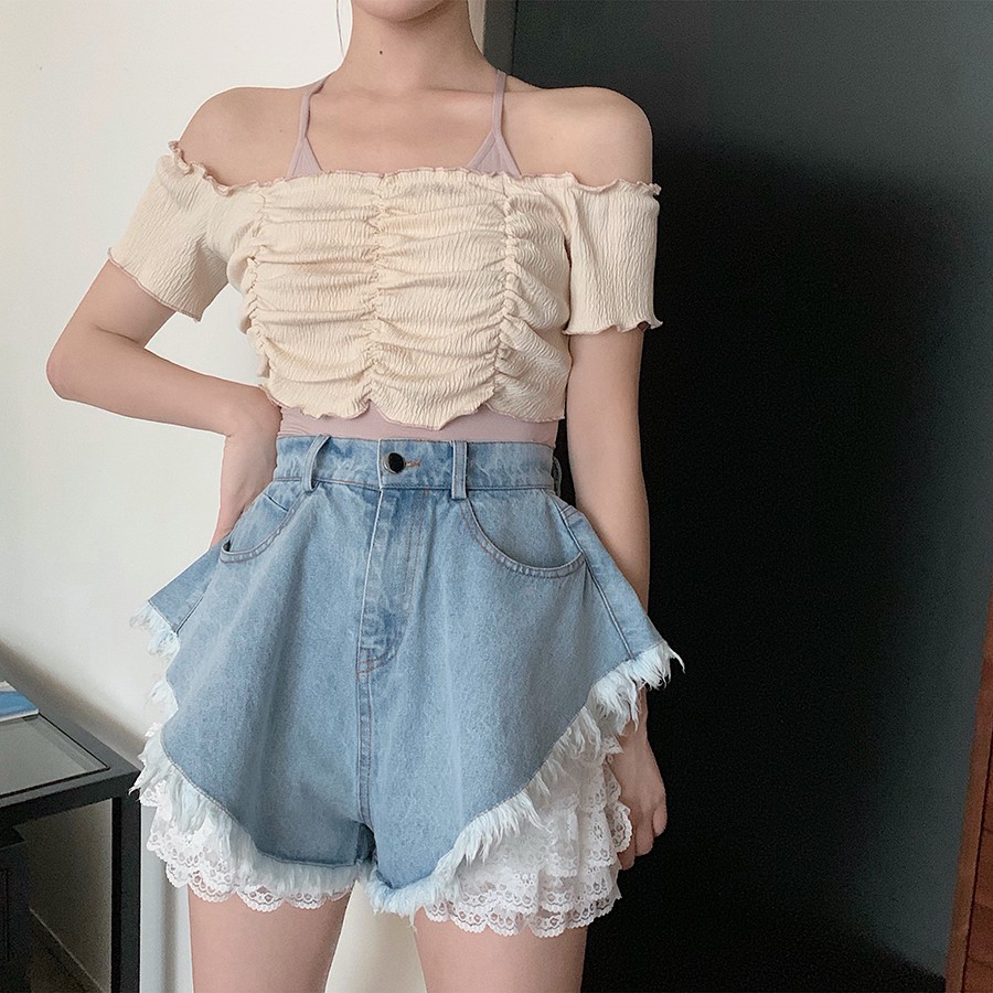 (ORRDER) Quần shorts jeans ống rộng xòe kèm quần ren trong