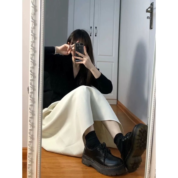 Set Áo Len Tăm Bo Dày Dặn Phối Chân Váy Kem