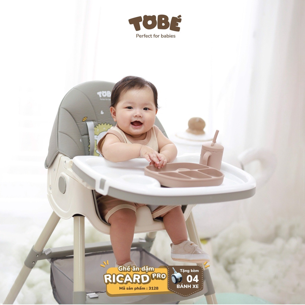 Ghế Ăn Dặm Cho Bé Ricard Pro Trơn Pastel TOBÉ Thiết Kế Khay Ăn Kép Điều Chỉnh, 3 Cấp Độ, Có Thể Gấp Gọn
