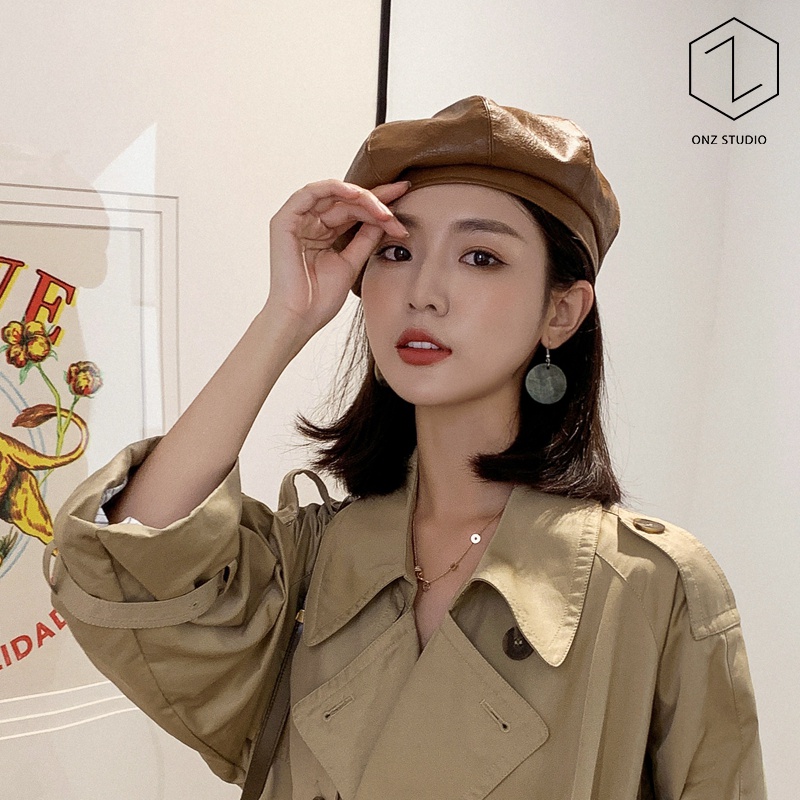 Mũ nồi beret nữ ONZ da PU cao cấp - Nón beret phong cách vintage Hàn Quốc nữ tính BR01