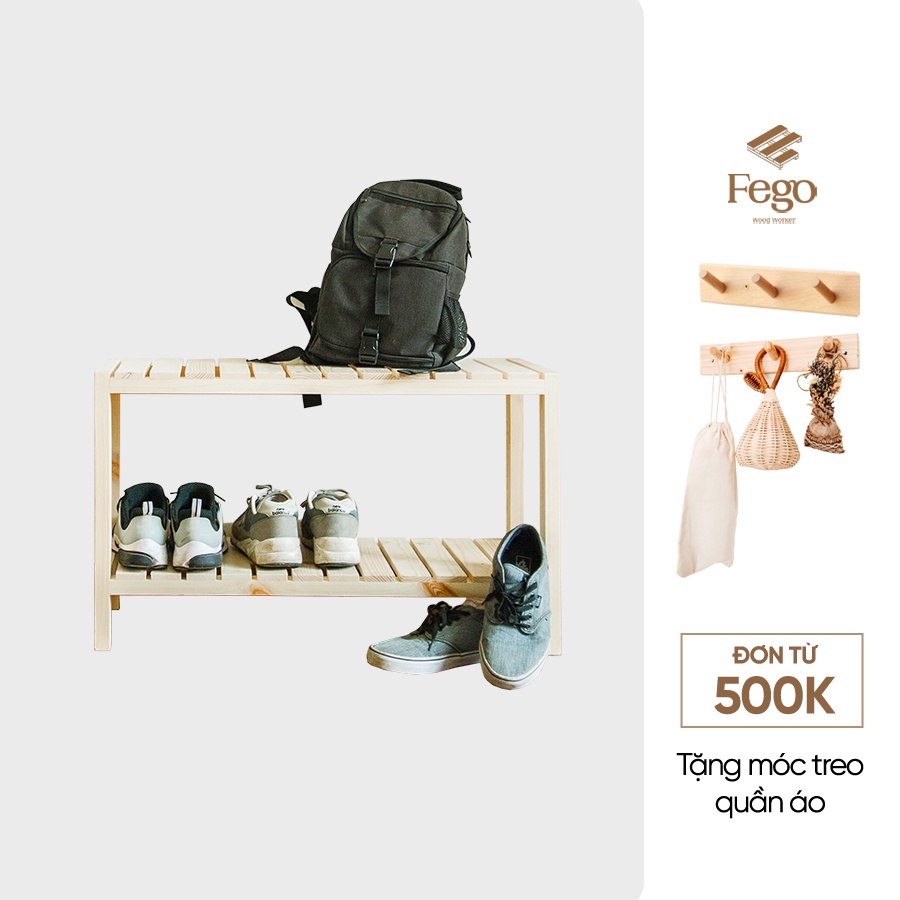 Giá đựng giày dép gỗ thông tự nhiên Fego 2 tầng ngăn nan
