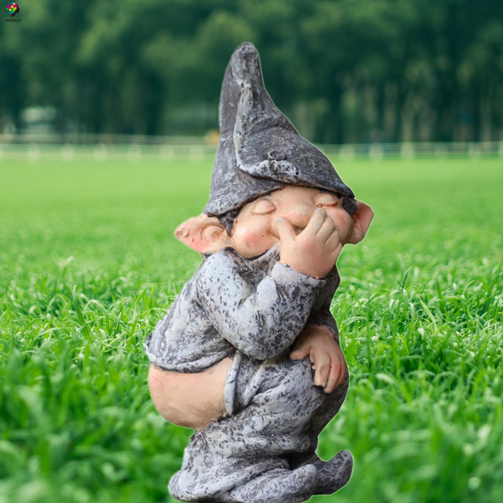 MIOSHOP Grey Gnome Statue Gag Pooping Dwarf Elf Figurines Peeing 4.7 Inch Miniature Funny Garden Tree Decoration