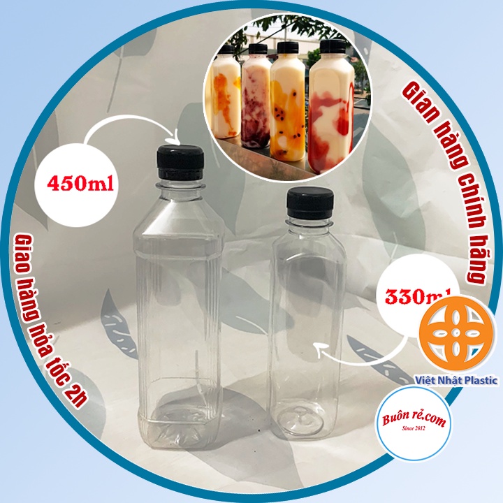 Chai nhựa vuông nắp đen 330ml, 450ml Việt Nhật - Chai đựng trà sữa, trà thái - Buôn rẻ 01282